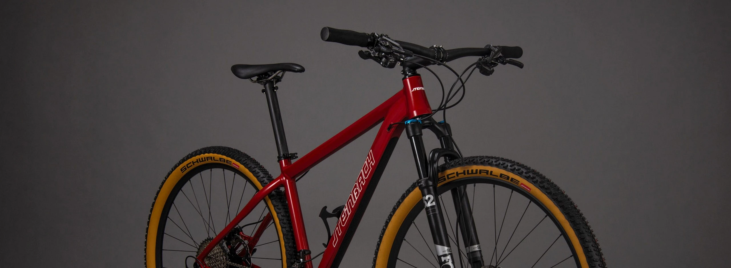 Hybrid E Bikes versteckter Motor im Sattelrohr leichte Unterst&uuml;tzung damit Anstiege leichter werden. Ein rotes Hardteil Rahmen Lodron in Rot mit Fox Gabel.